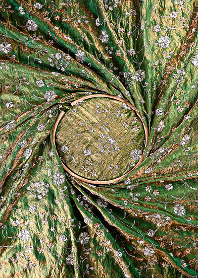 Green Diamond Silk Fabric With All Over Zari, Sequins, Katdana And Bead Work 23778