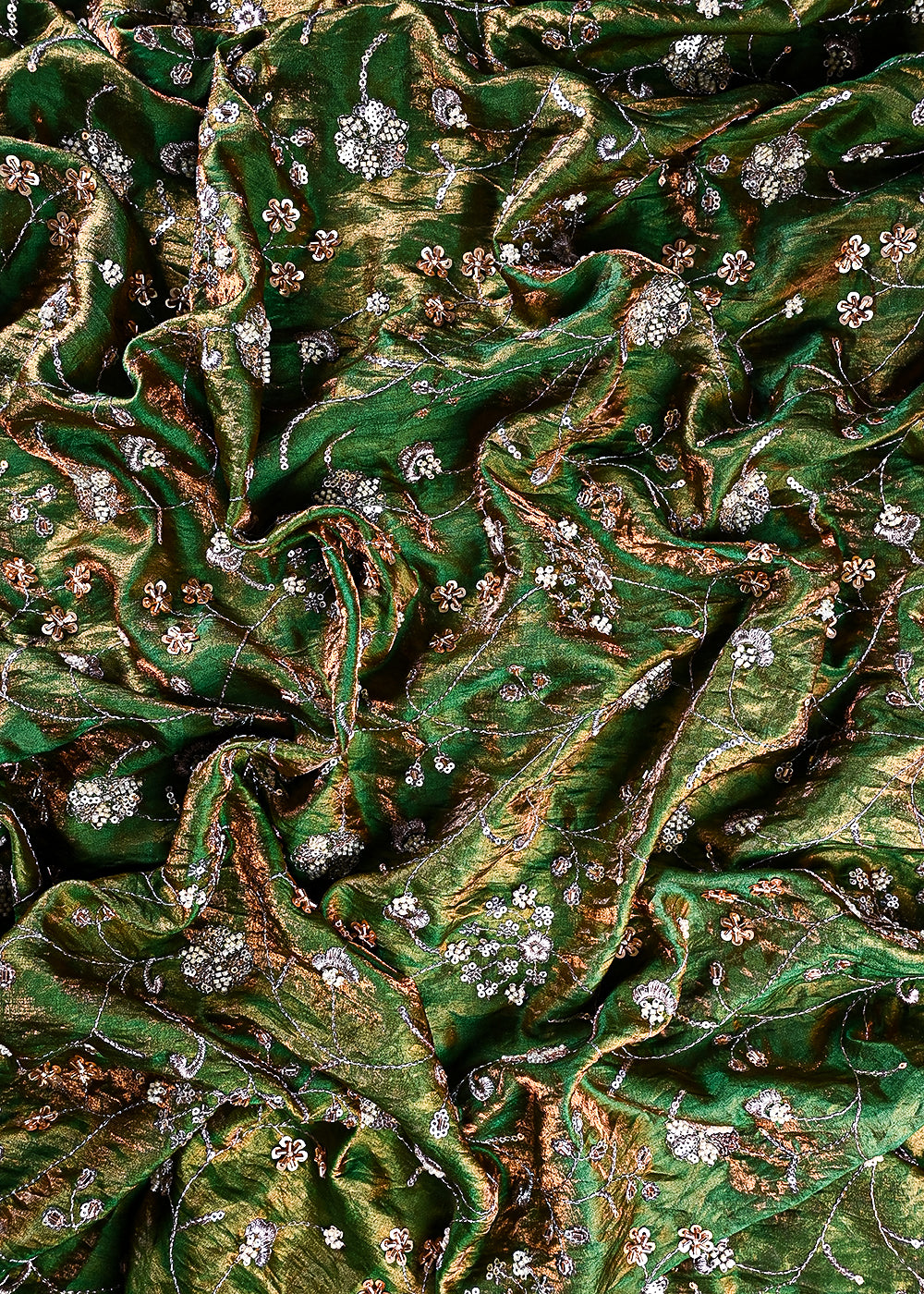 Green Diamond Silk Fabric With All Over Zari, Sequins, Katdana And Bead Work 23778