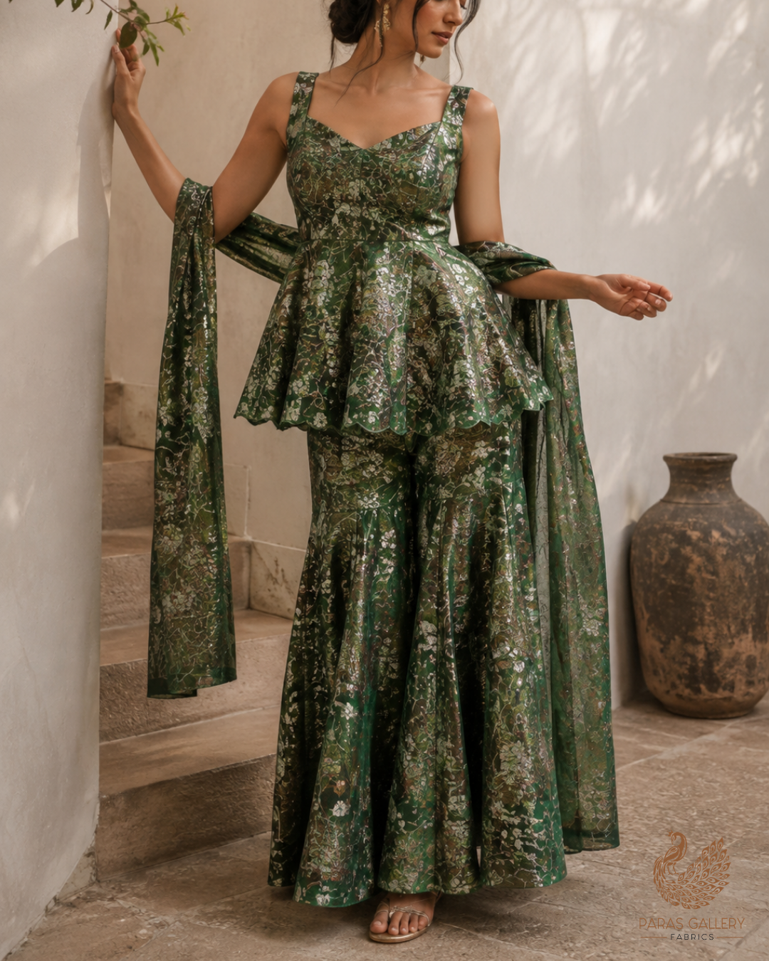 Green Diamond Silk Fabric With All Over Zari, Sequins, Katdana And Bead Work 23778