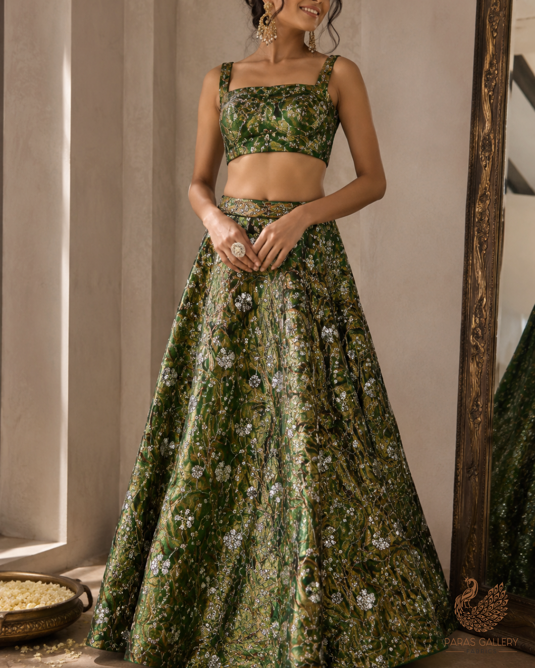 Green Diamond Silk Fabric With All Over Zari, Sequins, Katdana And Bead Work 23778