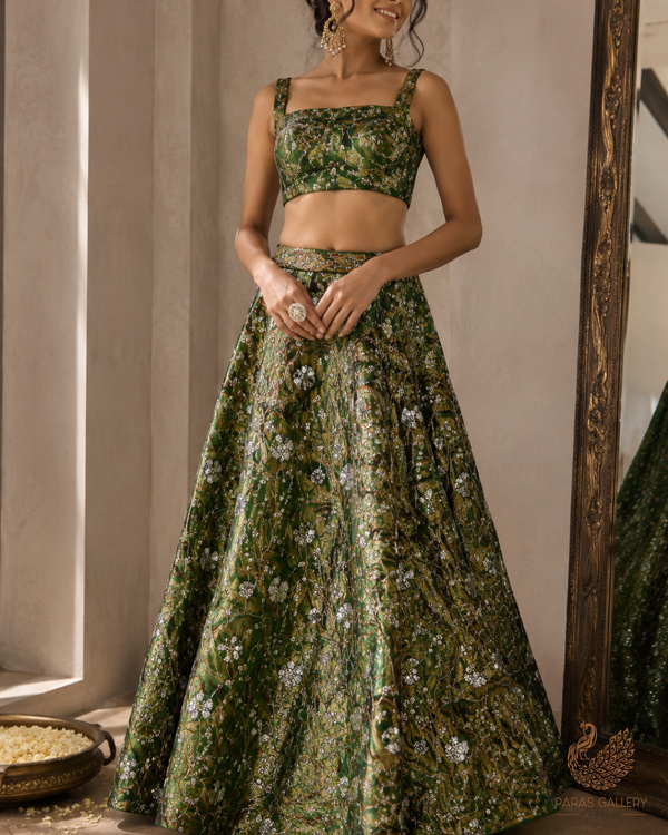 Green Diamond Silk Fabric With All Over Zari, Sequins, Katdana And Bead Work 23778