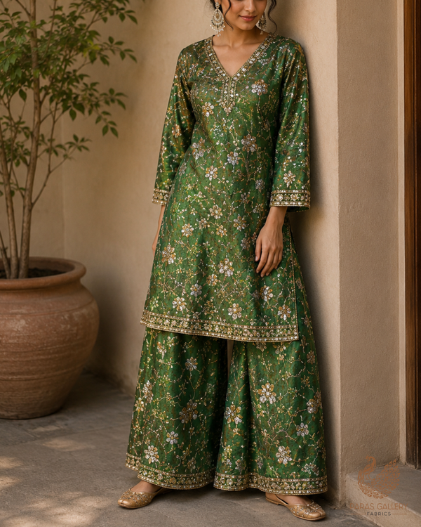 Green Diamond Silk Fabric With All Over Zari, Sequins, Katdana And Bead Work 23778