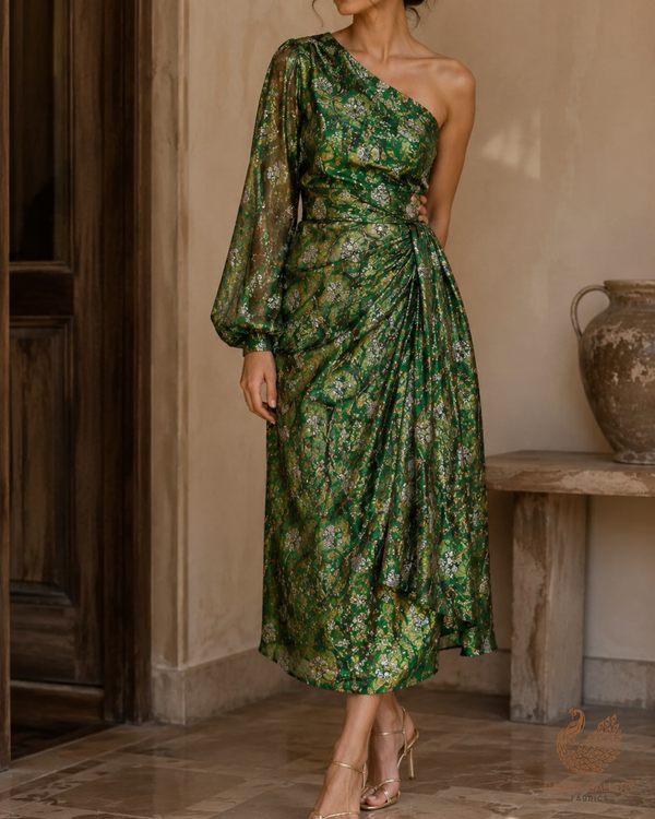 Green Diamond Silk Fabric With All Over Zari, Sequins, Katdana And Bead Work 23778