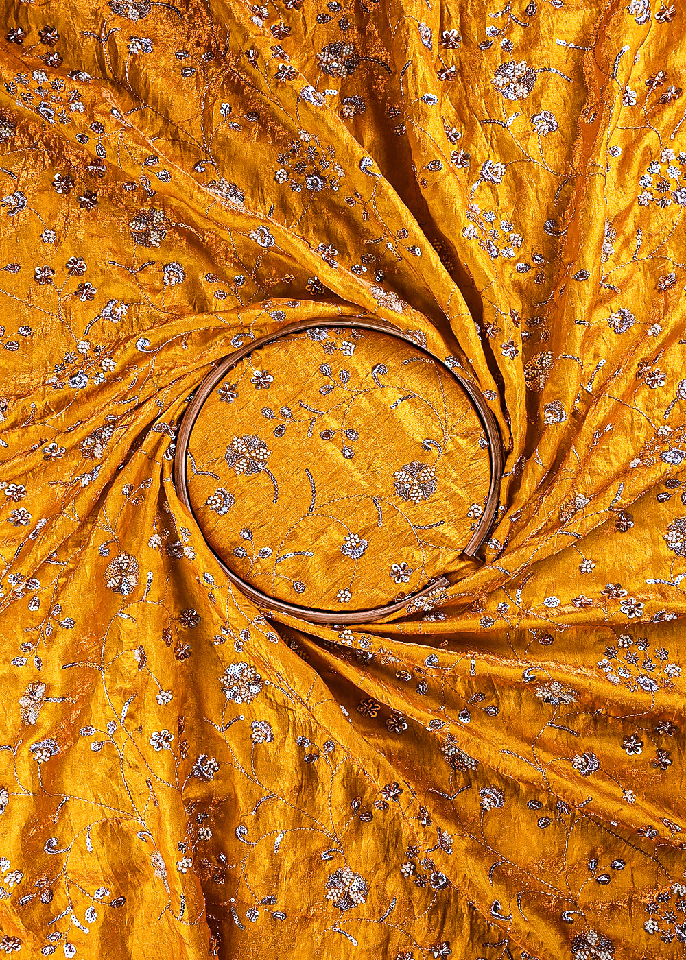 Mustard Diamond Silk Fabric With All Over Zari, Sequins, Katdana And Bead Work 23779