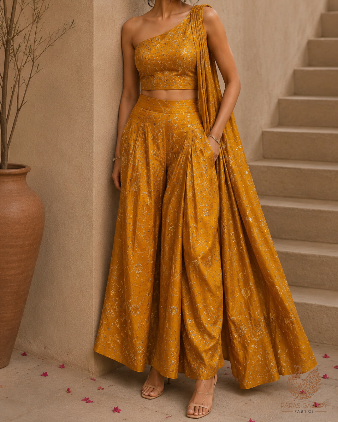 Mustard Diamond Silk Fabric With All Over Zari, Sequins, Katdana And Bead Work 23779