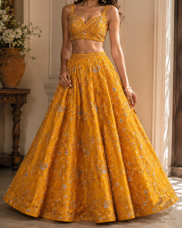 Mustard Diamond Silk Fabric With All Over Zari, Sequins, Katdana And Bead Work 23779