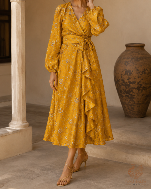 Mustard Diamond Silk Fabric With All Over Zari, Sequins, Katdana And Bead Work 23779
