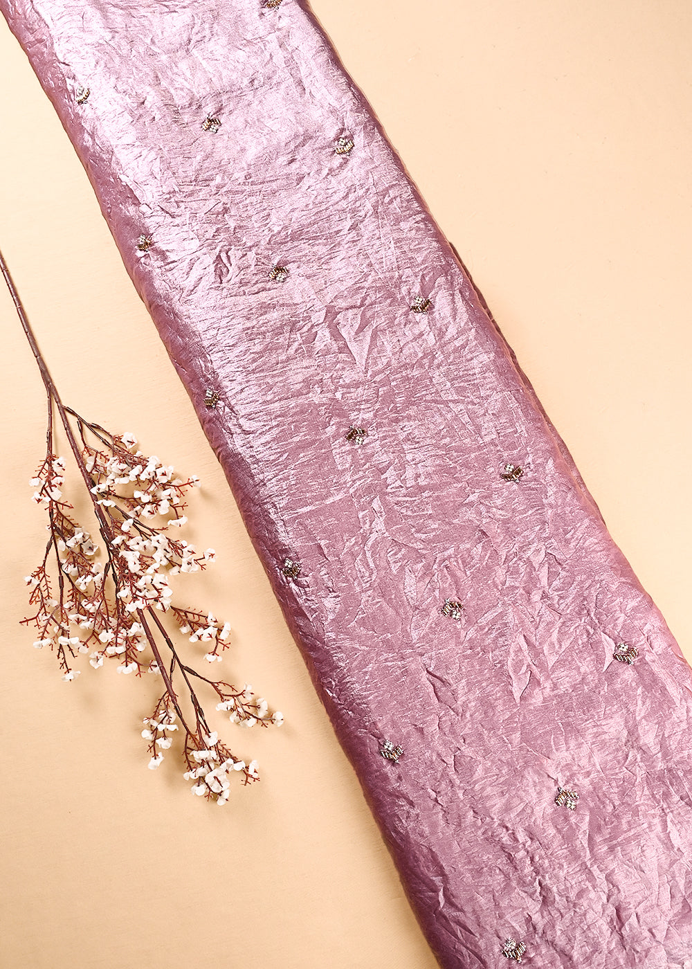 Onion Pink Diamond Tissue Fabric With All Over Buti Of Zari, Katdana And Bead Work 23780