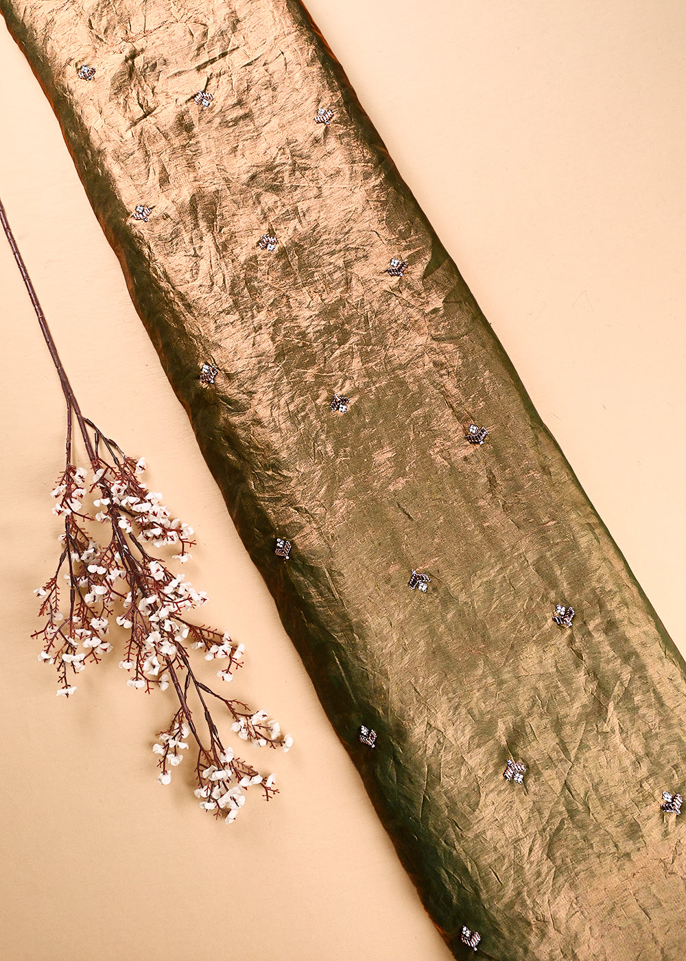 Pista Green Diamond Tissue Fabric With All Over Zari, Katdana And Bead Work 23781