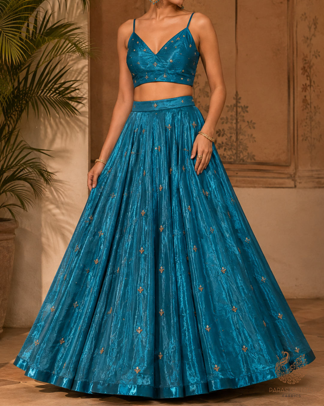 Dark Firozi Diamond Tissue Fabric With All Over Buti Of Zari, Katdana And Bead Work 23782