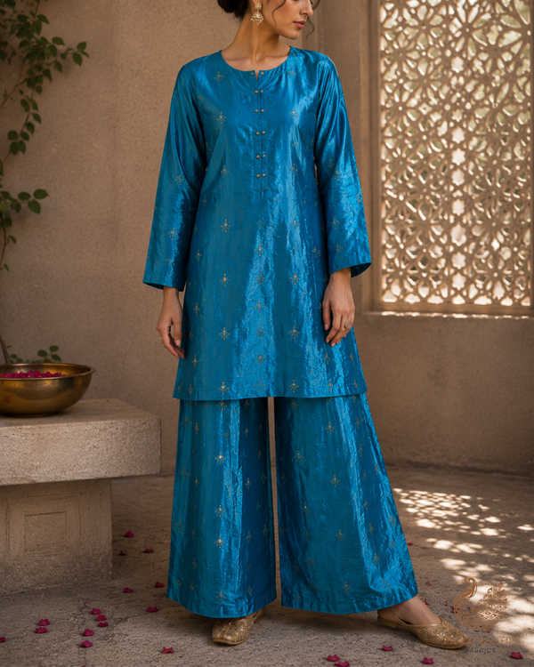 Dark Firozi Diamond Tissue Fabric With All Over Buti Of Zari, Katdana And Bead Work 23782