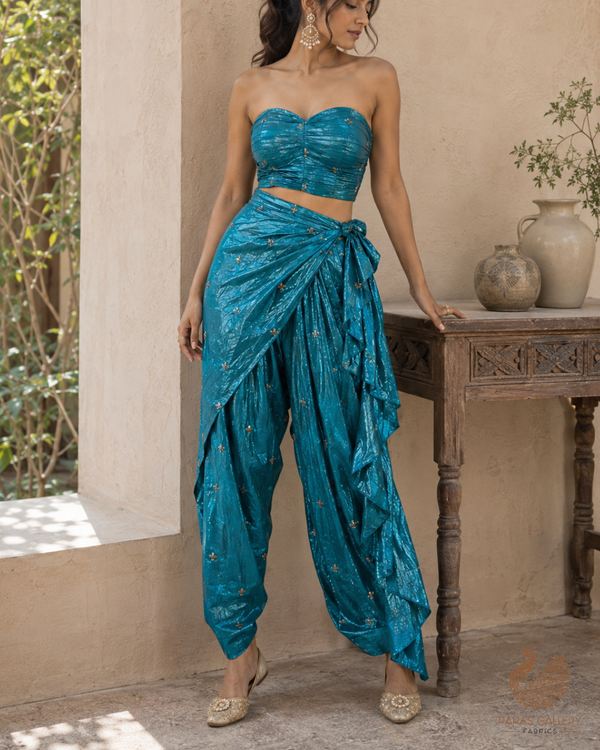 Dark Firozi Diamond Tissue Fabric With All Over Buti Of Zari, Katdana And Bead Work 23782