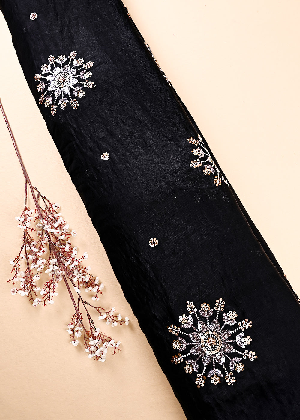 Black Diamond Tissue Fabric With All Over Zari, Sequins, Katdana And Bead Work 23783