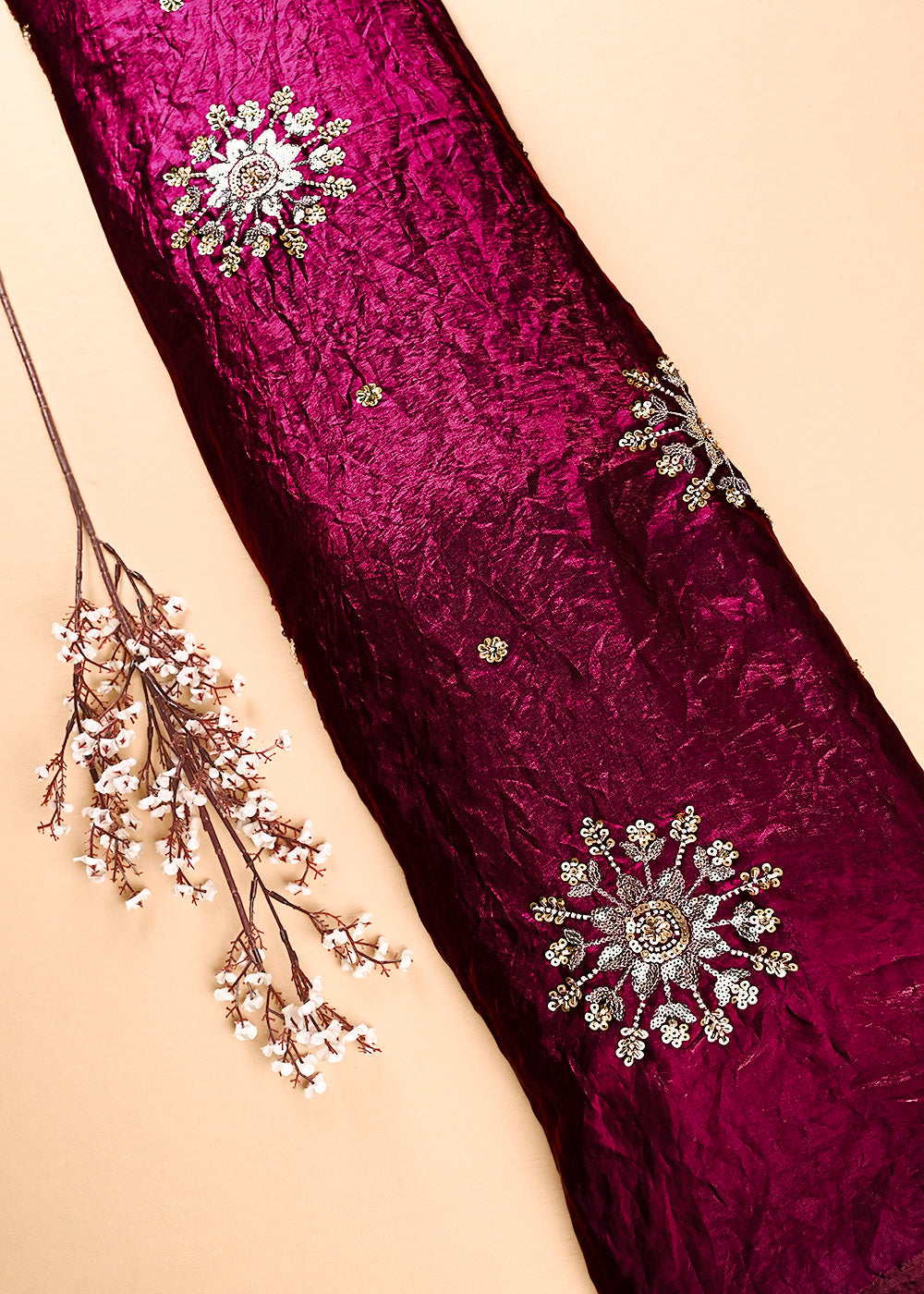 Wine Diamond Tissue Fabric With All Over Zari, Sequins, Katdana And Bead Work 23784