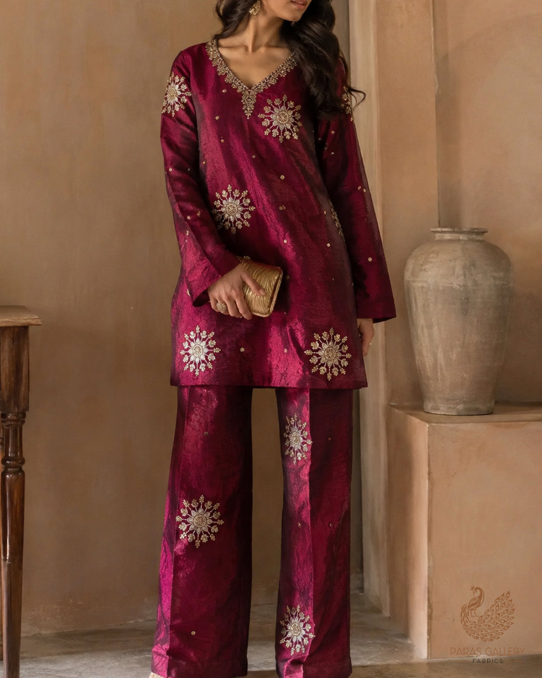 Wine Diamond Tissue Fabric With All Over Zari, Sequins, Katdana And Bead Work 23784