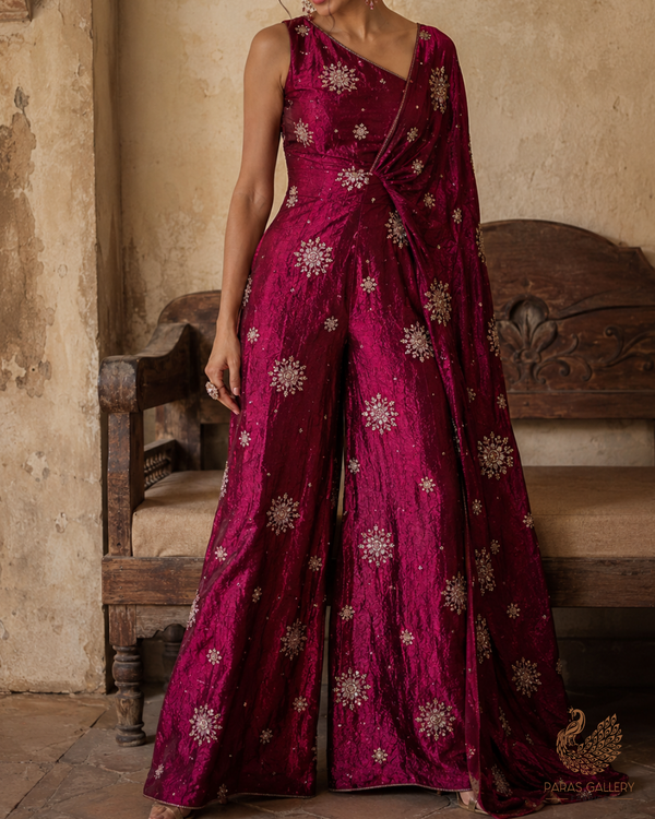 Wine Diamond Tissue Fabric With All Over Zari, Sequins, Katdana And Bead Work 23784