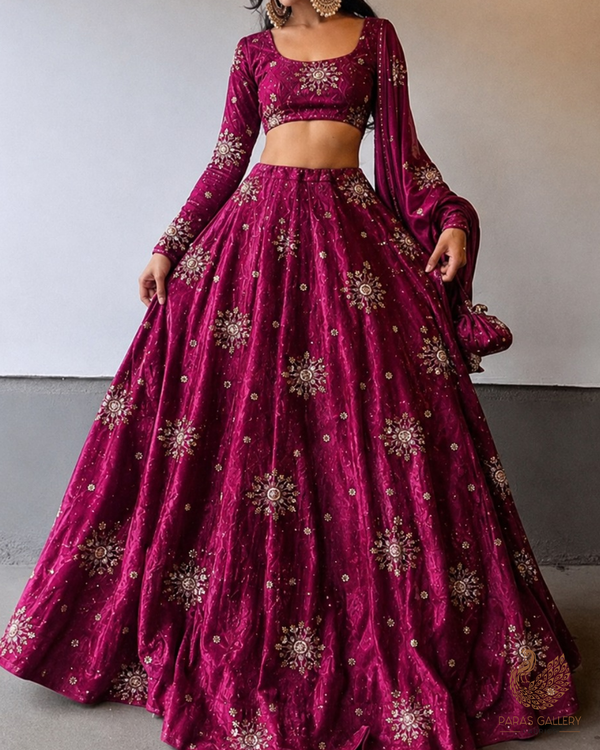 Wine Diamond Tissue Fabric With All Over Zari, Sequins, Katdana And Bead Work 23784