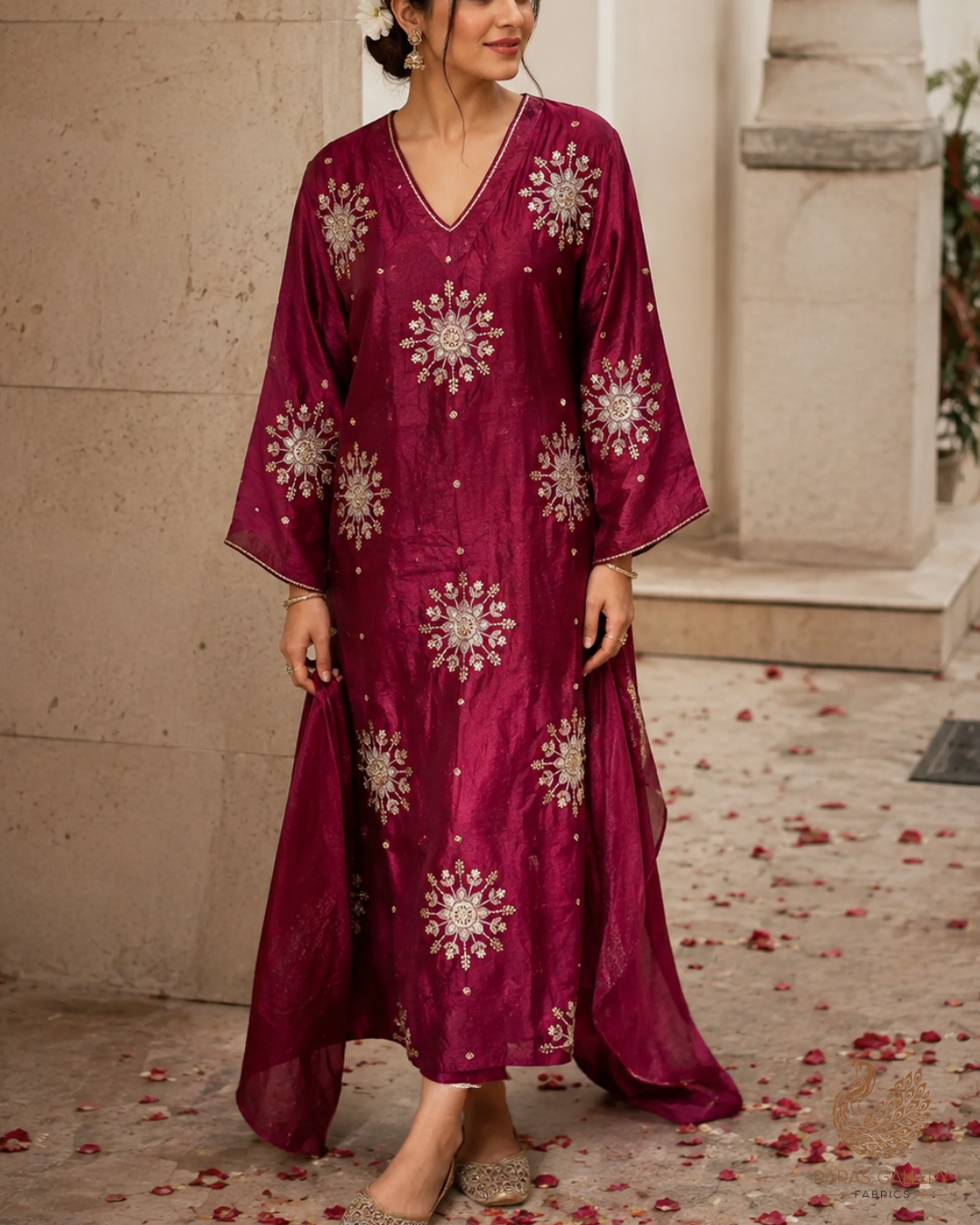 Wine Diamond Tissue Fabric With All Over Zari, Sequins, Katdana And Bead Work 23784