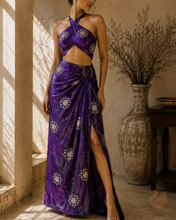 Purple Diamond Tissue Fabric With All Over Zari, Sequins, Katdana And Bead Work 23785