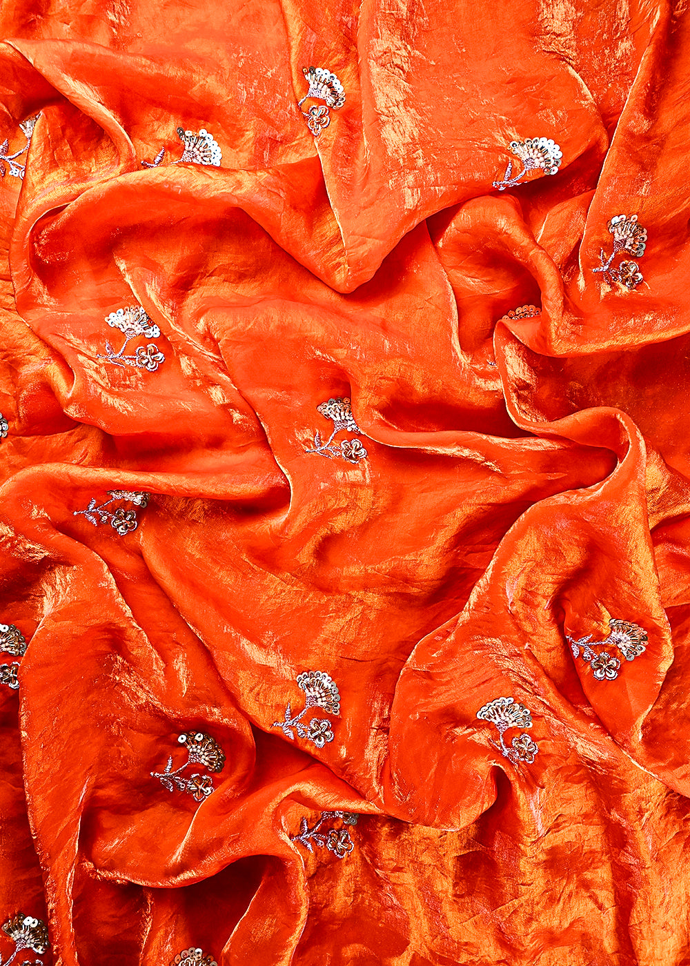 Orange Diamond Tissue Fabric With All Over Zari, Sequins And Katdana Work 23786