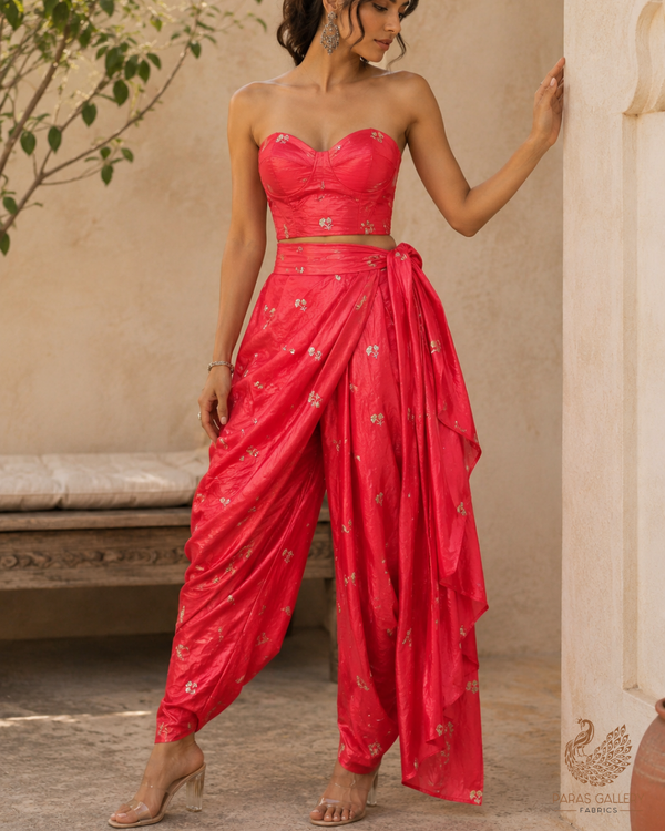 Coral Pink Diamond Tissue Fabric With All Over Buti Of Zari, Sequins And Katdana Work 23787