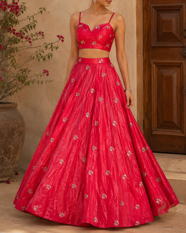 Coral Pink Diamond Tissue Fabric With All Over Buti Of Zari, Sequins And Katdana Work 23787