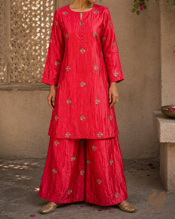 Coral Pink Diamond Tissue Fabric With All Over Buti Of Zari, Sequins And Katdana Work 23787