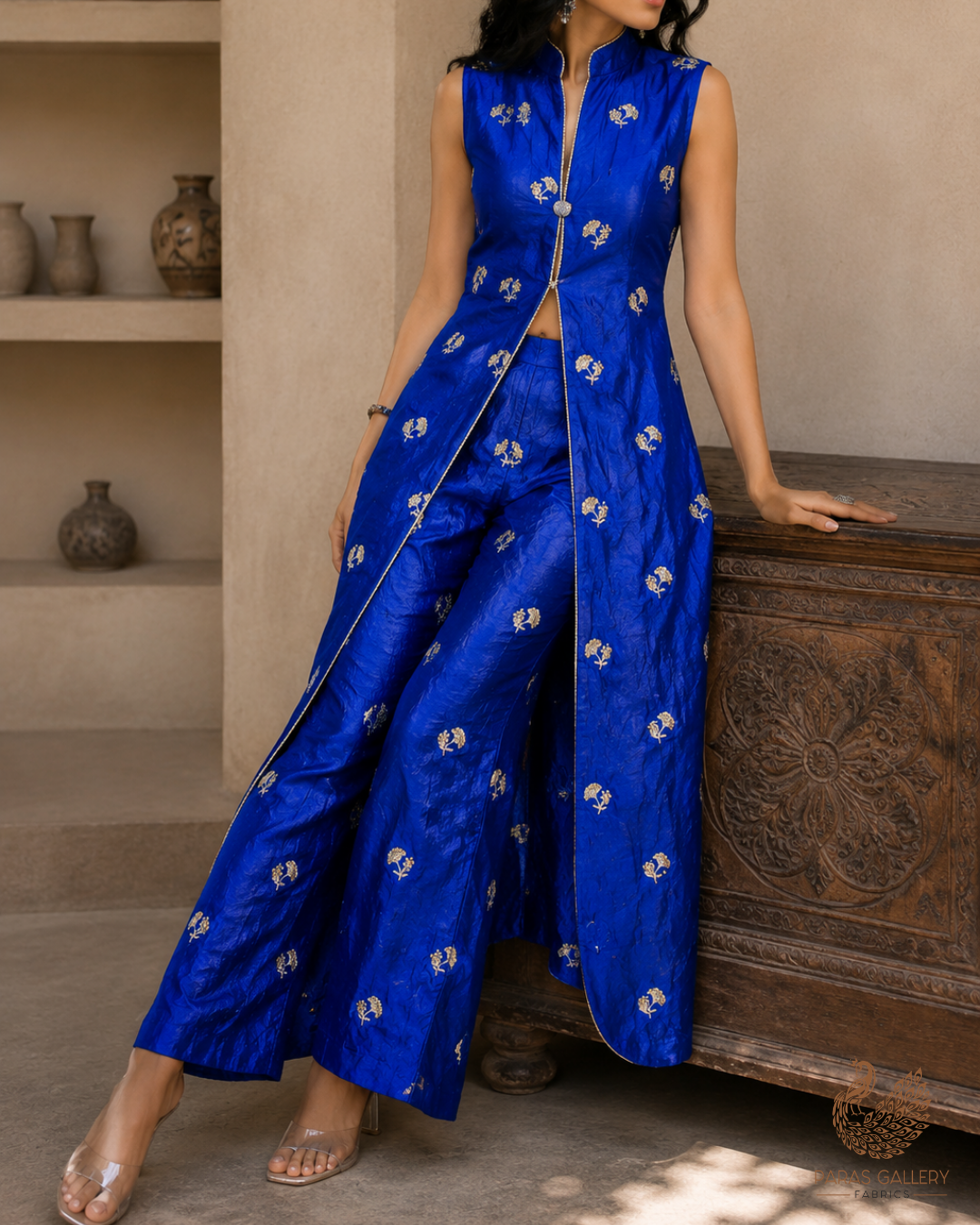 Royal Blue Diamond Tissue Fabric With All Over Buti Of Zari, Sequins And Katdana Work 23788