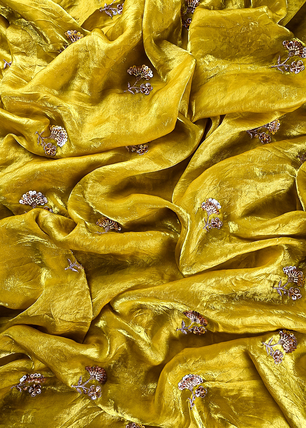 Lemon Yellow Diamond Tissue Fabric With All Over Zari, Sequins And Katdana Work 23789