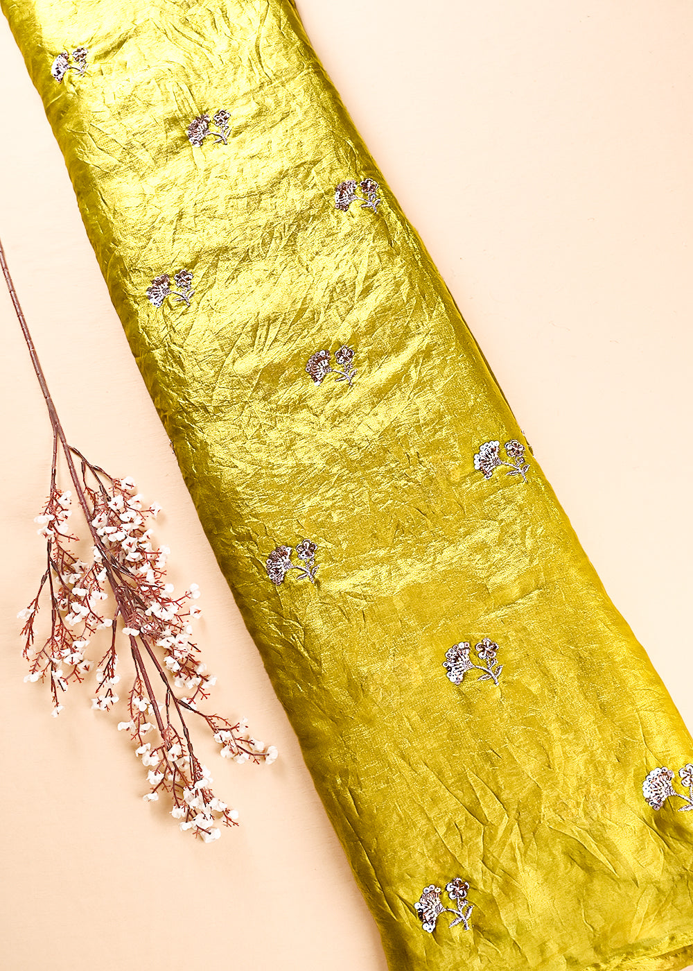 Lemon Yellow Diamond Tissue Fabric With All Over Zari, Sequins And Katdana Work 23789