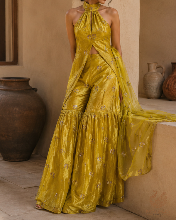 Lemon Yellow Diamond Tissue Fabric With All Over Buti Of Zari, Sequins And Katdana Work 23789