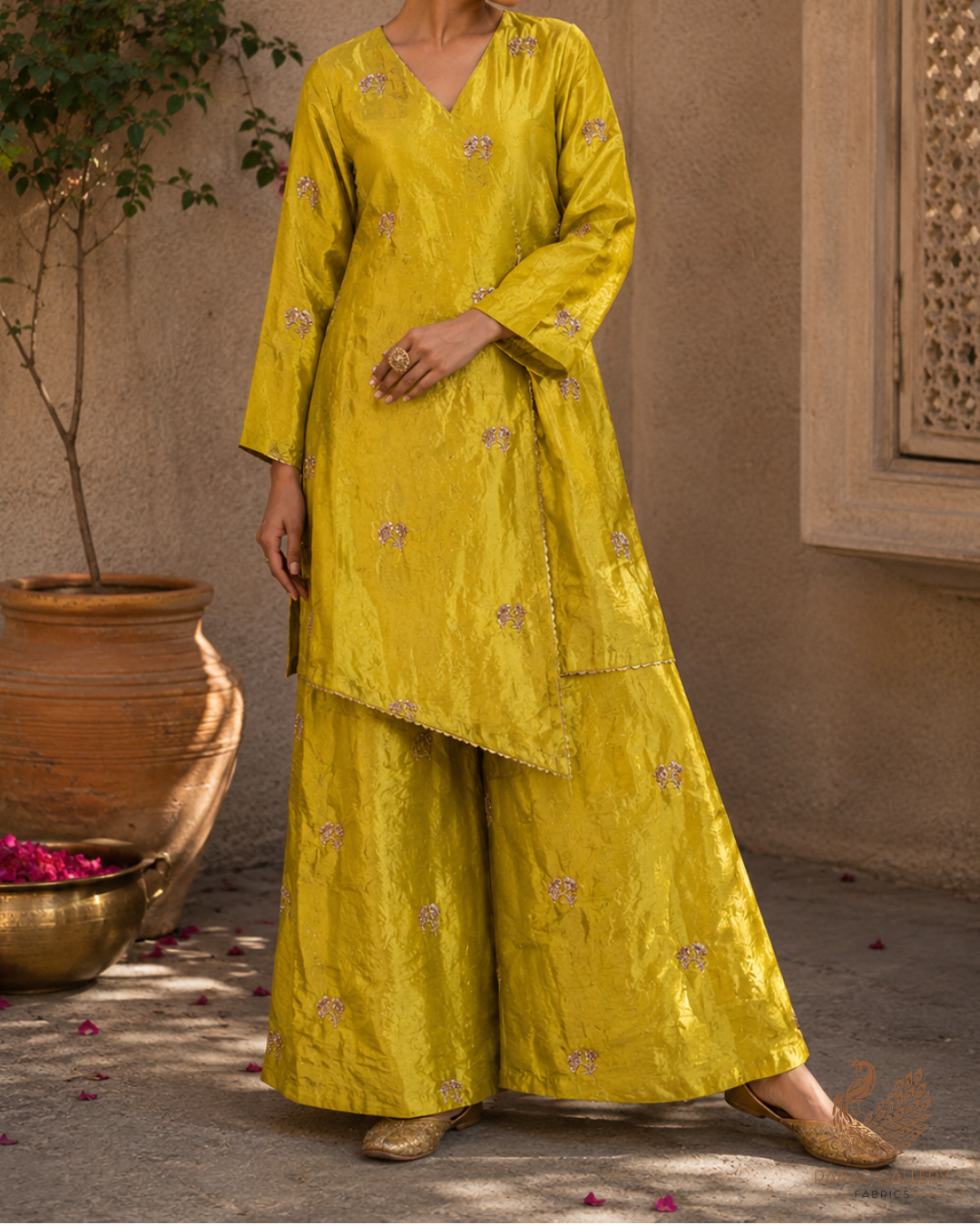 Lemon Yellow Diamond Tissue Fabric With All Over Buti Of Zari, Sequins And Katdana Work 23789