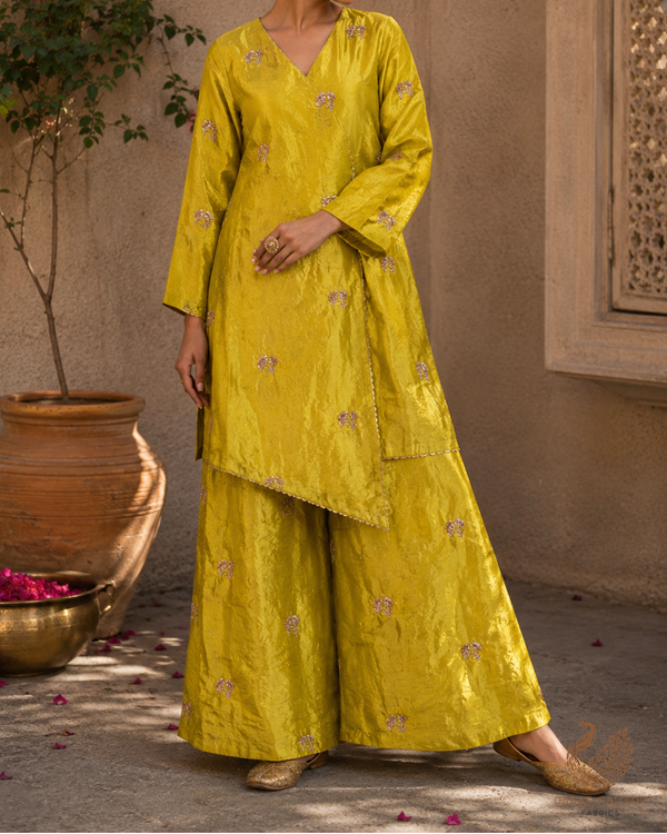 Lemon Yellow Diamond Tissue Fabric With All Over Buti Of Zari, Sequins And Katdana Work 23789
