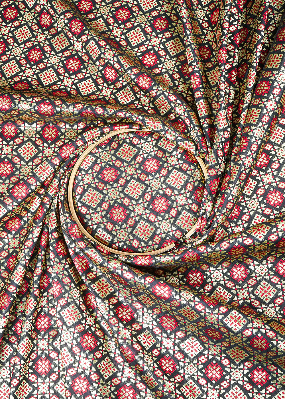 Black Banarasi Brocade Fabric With All Over Thread And Zari Handloom 23803