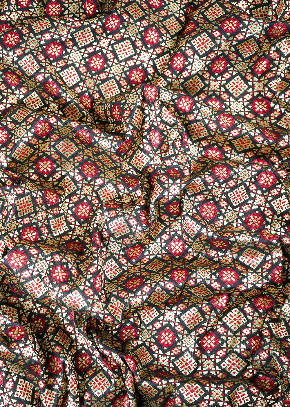 Black Banarasi Brocade Fabric With All Over Thread And Zari Handloom 23803