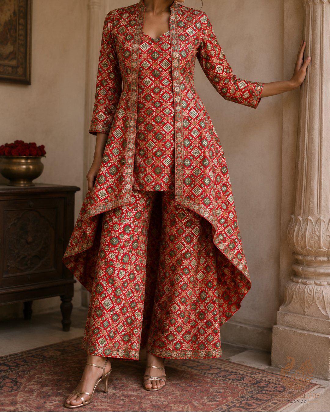 Red Banarasi Brocade Fabric With All Over Thread And Zari Handloom 23804
