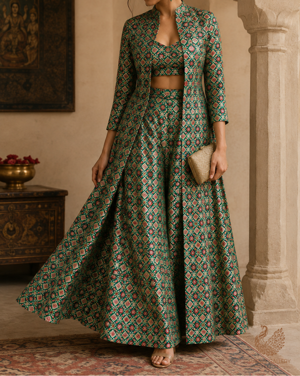 Bottle Green Banarasi Brocade Fabric With All Over Thread And Zari Handloom 23805