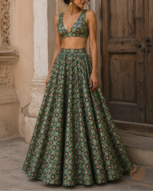 Bottle Green Banarasi Brocade Fabric With All Over Thread And Zari Handloom 23805