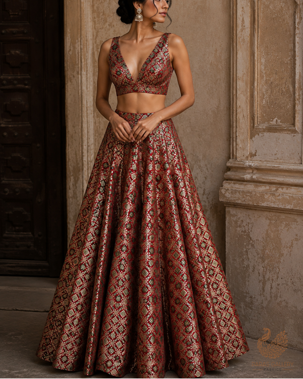 Maroon Banarasi Brocade Fabric With All Over Thread And Zari Handloom 23806