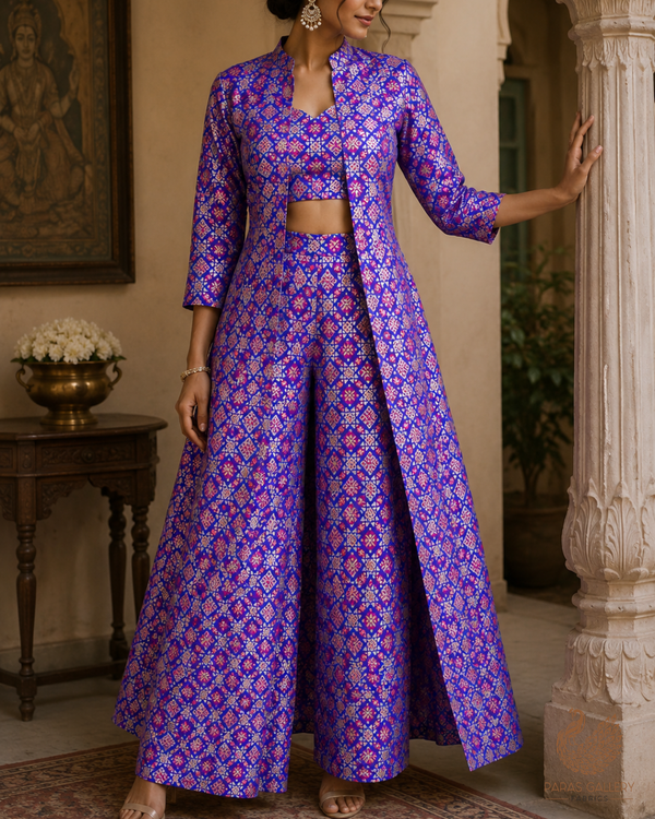Violet Blue Banarasi Brocade Fabric With All Over Thread And Zari Handloom 23807