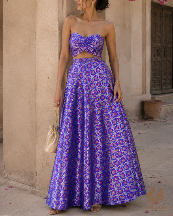 Violet Blue Banarasi Brocade Fabric With All Over Thread And Zari Handloom 23807