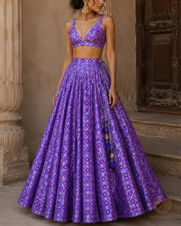 Violet Blue Banarasi Brocade Fabric With All Over Thread And Zari Handloom 23807