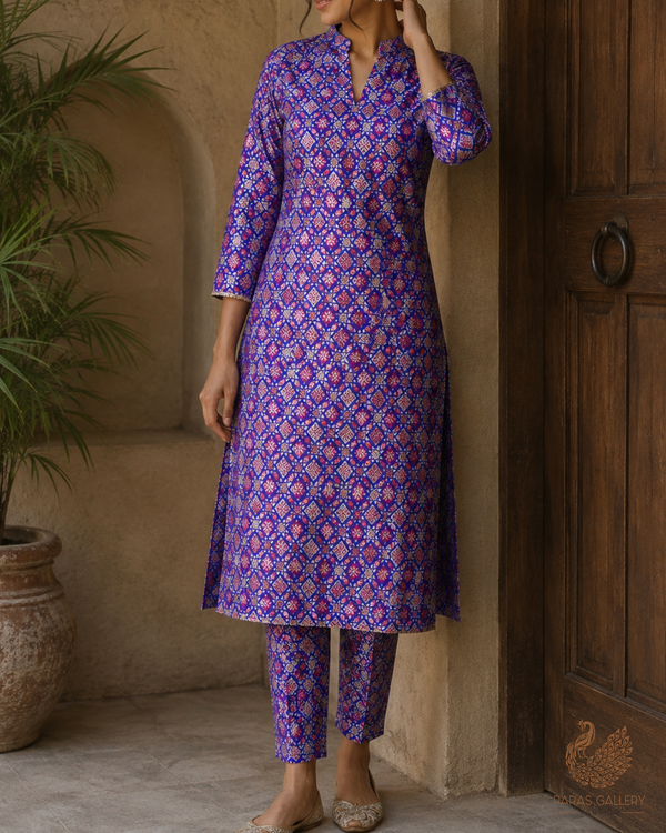 Violet Blue Banarasi Brocade Fabric With All Over Thread And Zari Handloom 23807