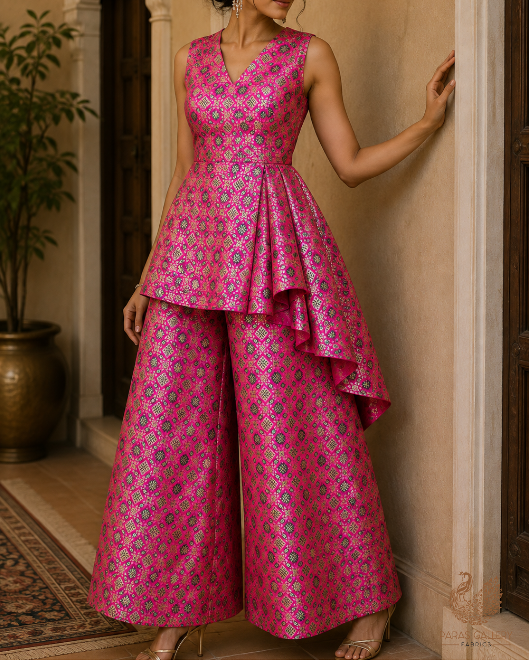 Rani Pink Banarasi Brocade Fabric With All Over Thread And Zari Handloom 23809