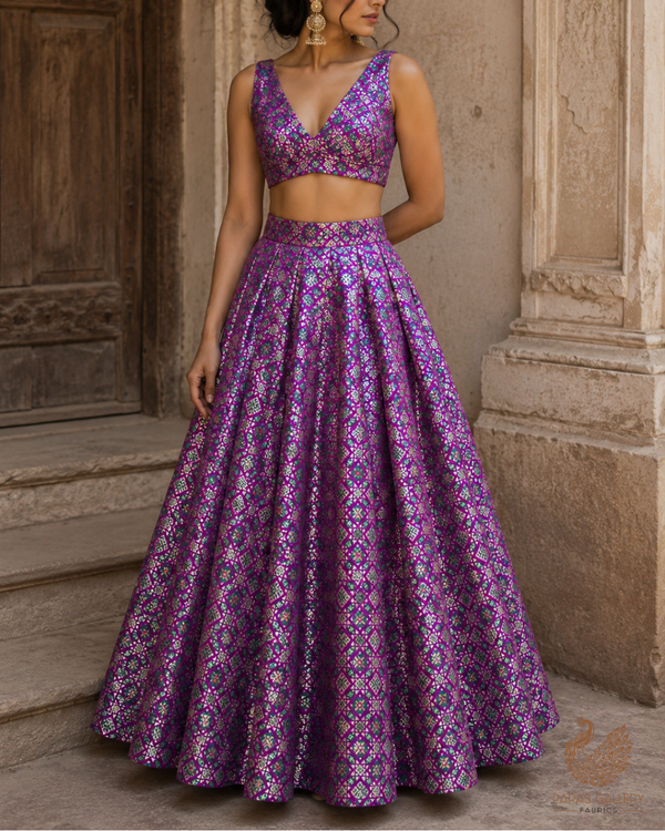 Purple Banarasi Brocade Fabric With All Over Thread And Zari Handloom 23810