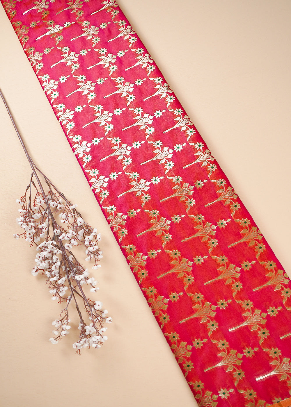Pink Banarasi Brocade Fabric With All Over Thread And Zari Handloom 23811