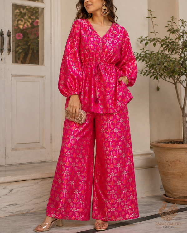 Pink Banarasi Brocade Fabric With All Over Thread And Zari Handloom 23811
