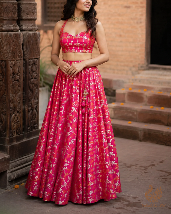 Pink Banarasi Brocade Fabric With All Over Thread And Zari Handloom 23811