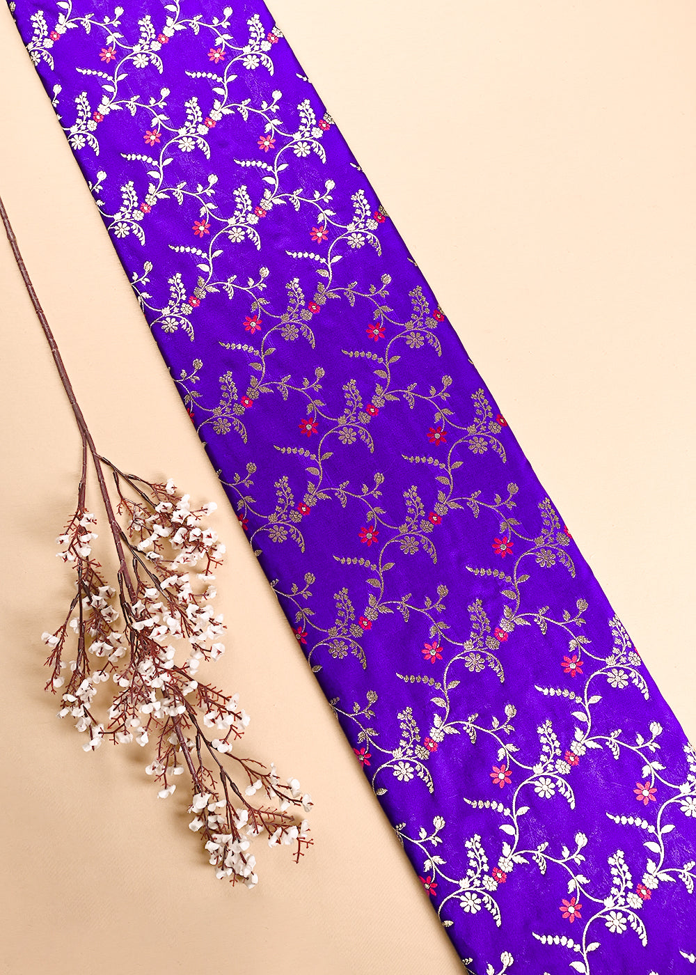 Violet Banarasi Brocade Fabric With All Over Thread And Golden Zari Handloom 23812