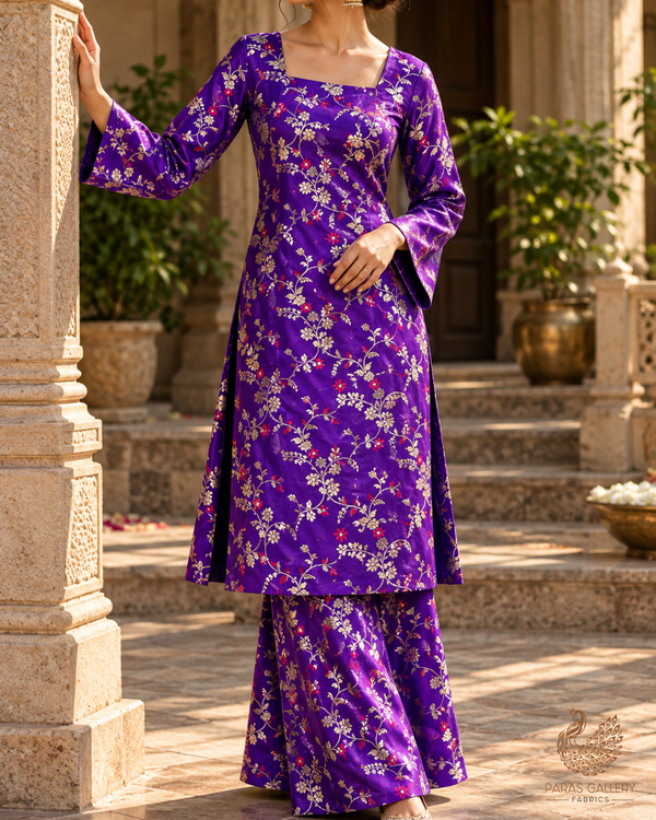 Violet Banarasi Brocade Fabric With All Over Thread And Golden Zari Handloom 23812